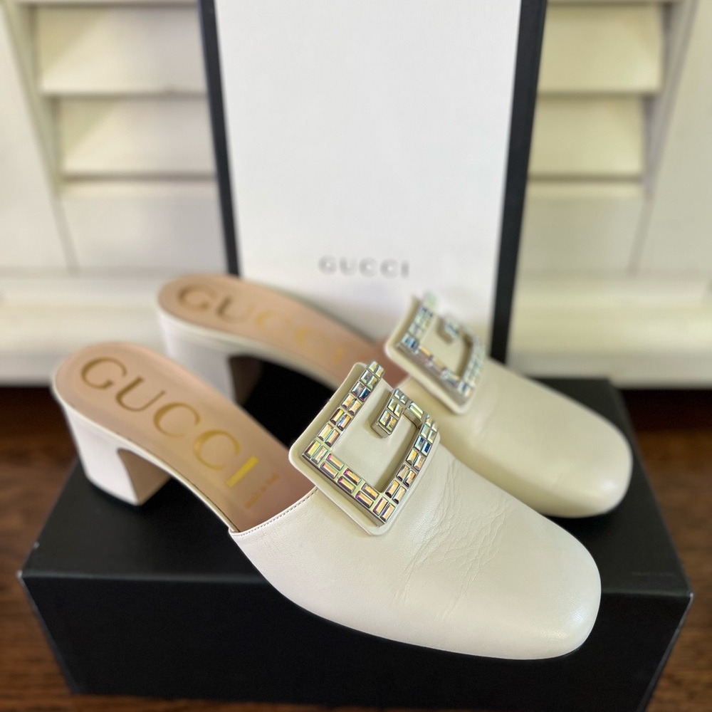 Gucci Madelyn Crystal Women's Ivory Leather Mules with Logo Accent